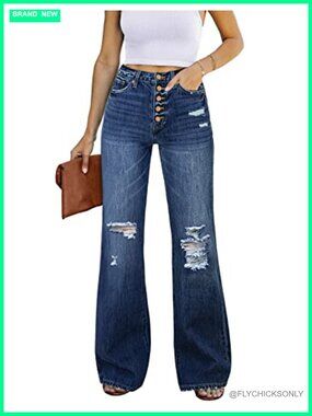 High Waist Ripped Flare Jeans Stretchy Denim Button Fly Wide Leg Pants